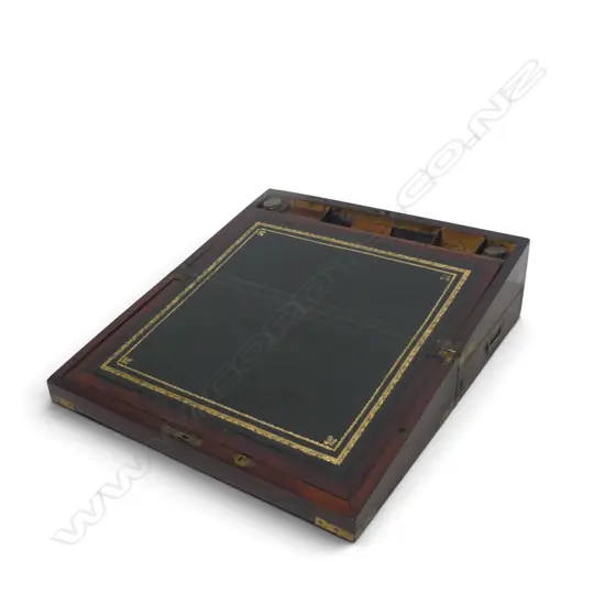 VICTORIAN MAHOGANY BRASS BOUND WRITING SLOPE w. inkwells & fitted interior 455x255x160mm