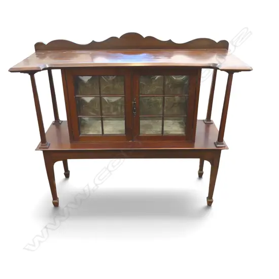 EARLY 20th MAHOGANY DUMB WAITER w. CENTRAL GLAZED CABINET 1220x480x1050mm