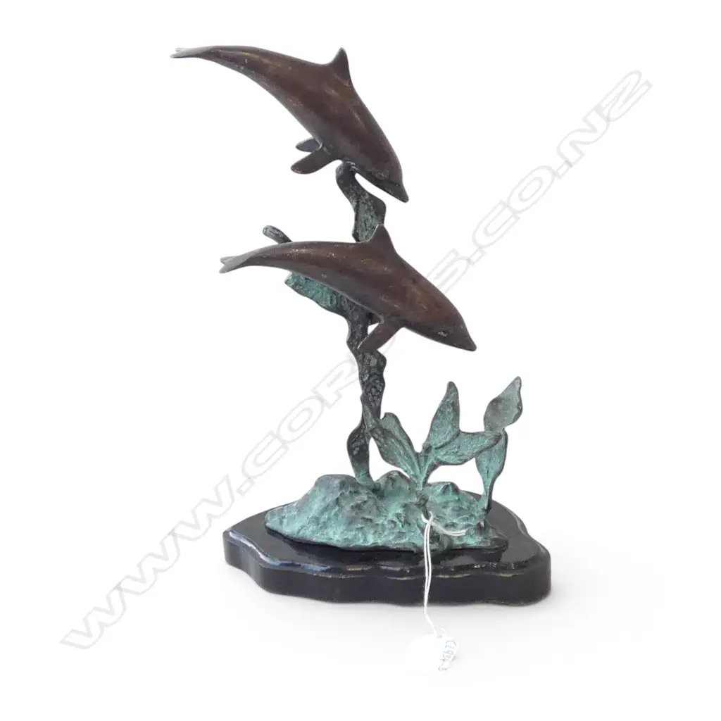BRONZE DOLPHIN ORNAMENT on wooden base H.285mm Image 1++
