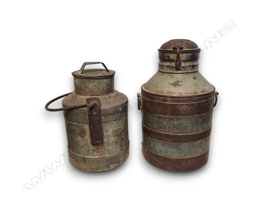 TWO RUSTIC VINTAGE IRON MILK CHURNS Image 1++