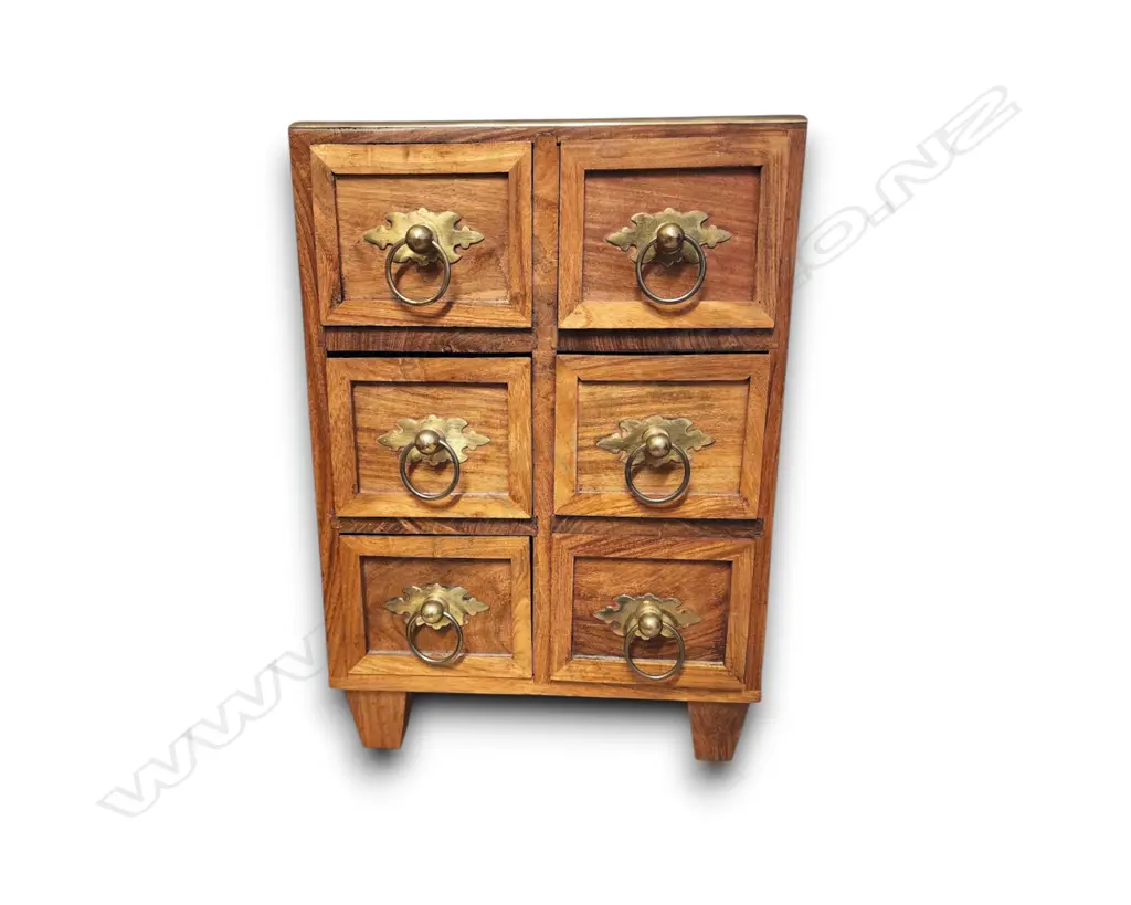 WOODEN TABLETOP CABINET	 W SIX DRAWERS AND BRASS RING PULLS  Image 1++