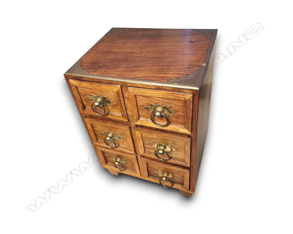 WOODEN TABLETOP CABINET	 W SIX DRAWERS AND BRASS RING PULLS  Image 1++