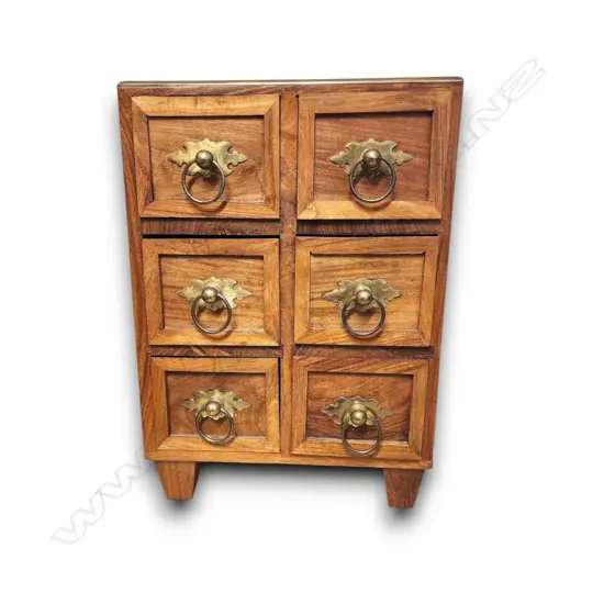 WOODEN TABLETOP CABINET	 W SIX DRAWERS AND BRASS RING PULLS 