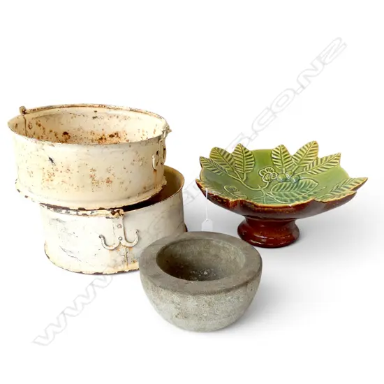 COMPORT, 2 PAINTED METAL BUCKETS 340mm dia, STONE MORTAR