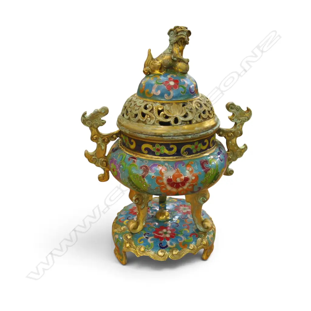 ORIENTAL LIDDED CLOISONNE INCENSE BURNER ON STAND H.250mm Image 1++
