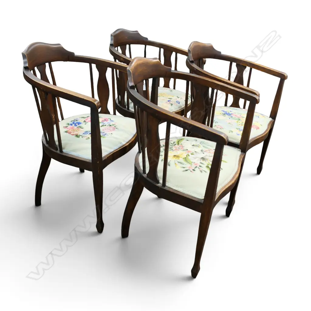 4 OAK TUB CHAIRS w. FLORAL NEEDLEWORK UPHOLSTERY H.810mm Image 1++