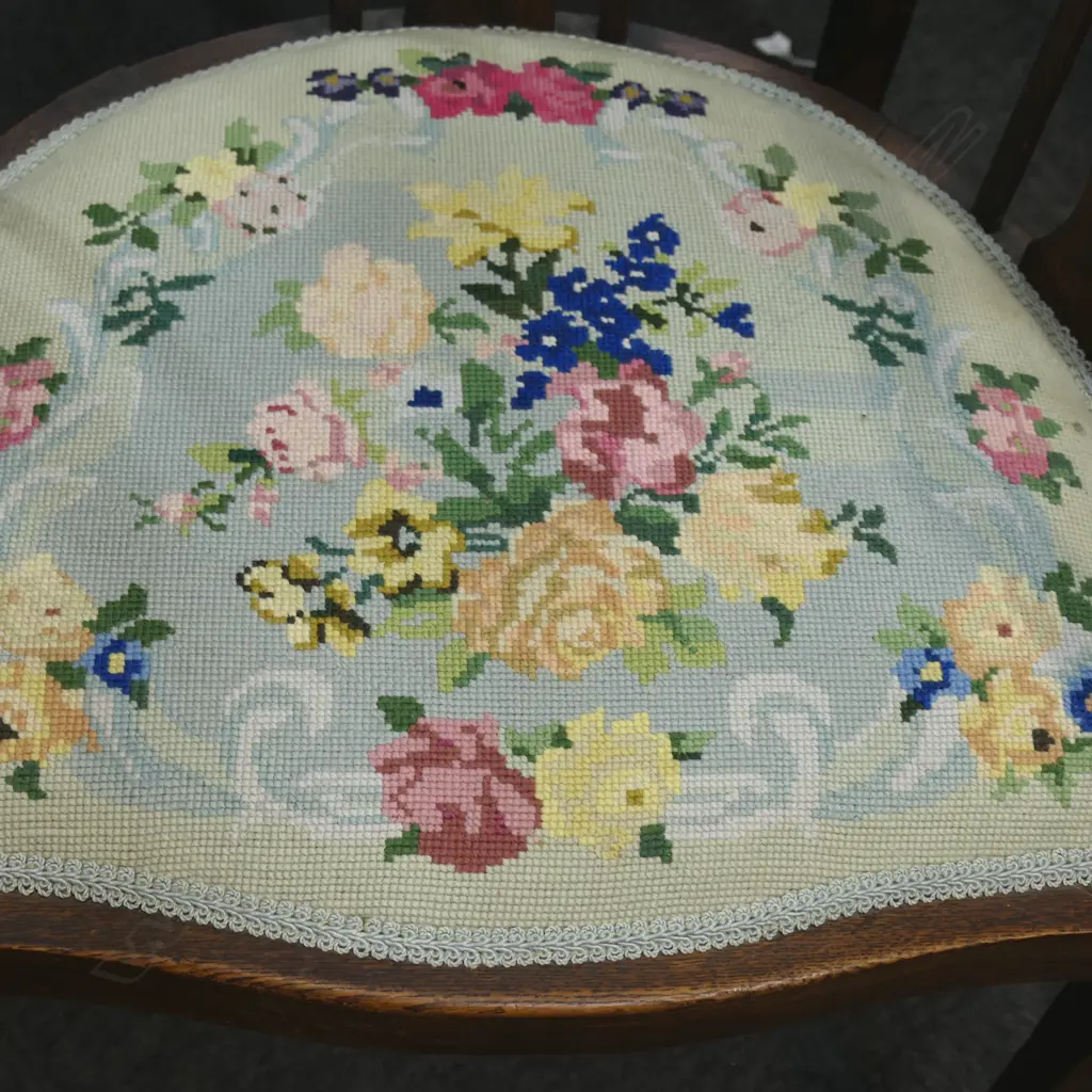 4 OAK TUB CHAIRS w. FLORAL NEEDLEWORK UPHOLSTERY H.810mm Image 1++