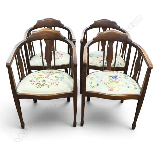 4 OAK TUB CHAIRS w. FLORAL NEEDLEWORK UPHOLSTERY H.810mm