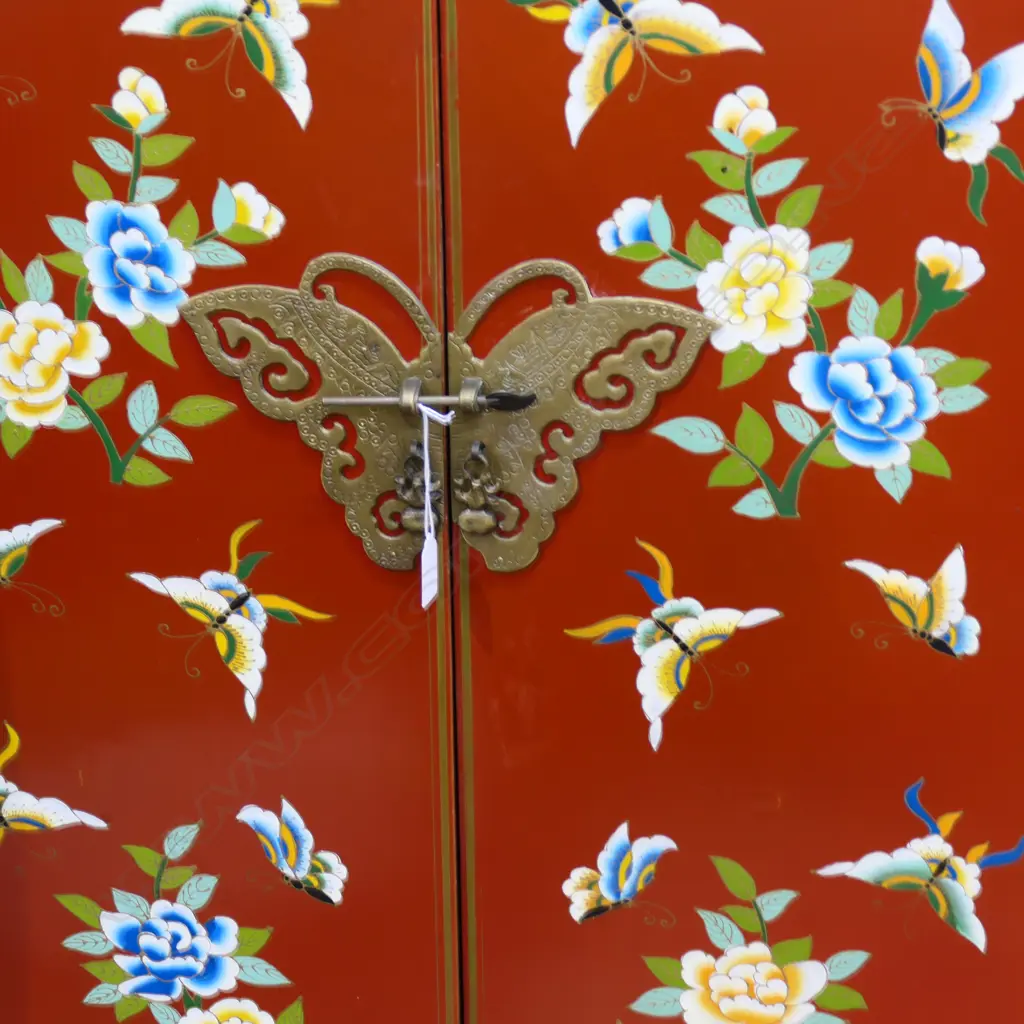 PAINTED ORIENTAL LACQUER CABINET floral & butterfly pattern 800x400x1200mm Image 1++