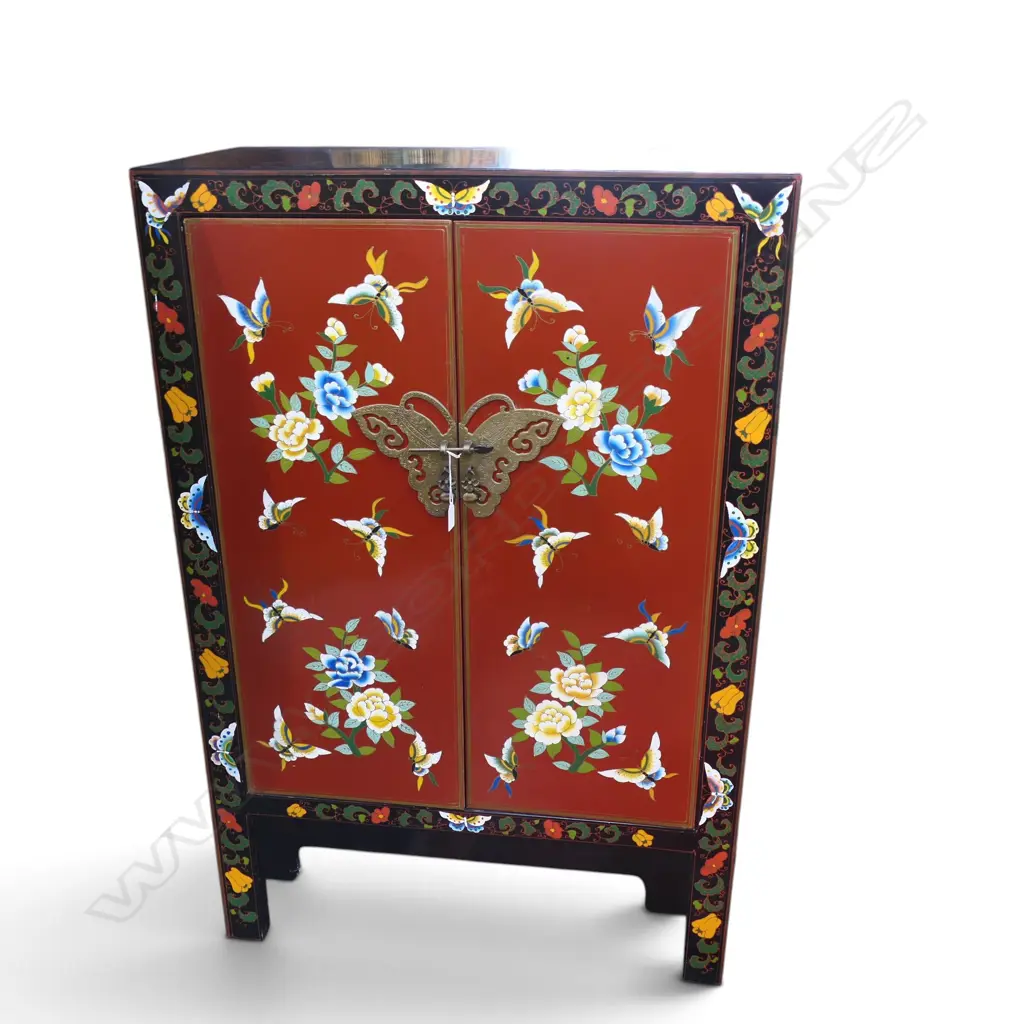 PAINTED ORIENTAL LACQUER CABINET floral & butterfly pattern 800x400x1200mm Image 1++