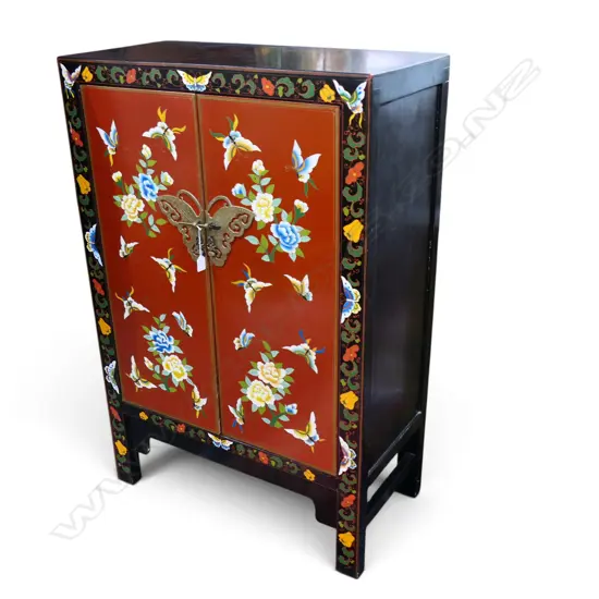 PAINTED ORIENTAL LACQUER CABINET floral & butterfly pattern 800x400x1200mm