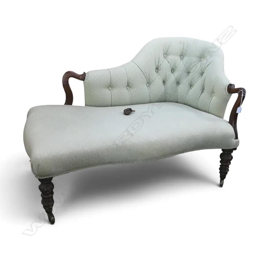 ANTIQUE CHAISE LOUNGE, SMALL PROPORTION W.1100mm one wheel broken off Image 1++