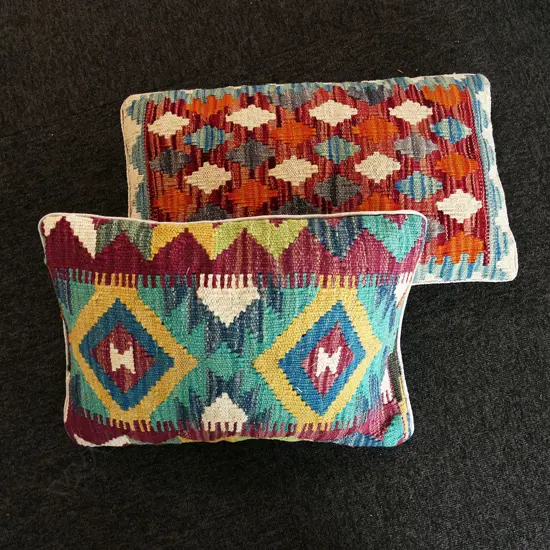 2 HANDWOVEN KILIM CUSHIONS, 300 X 500mm, 480 x 530mm