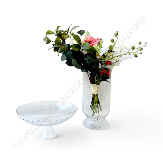 FOOTED BOWL 350mm dia + HURRICANE LAMP H.420mm (w. FAUX FLOWERS)