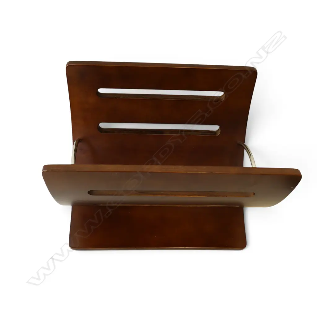 MID-CENTURY STYLE NEWSPAPER RACK, WOOD & CHROME, REPAIR TO BACK, 280 X 360 X 270MM Image 1++