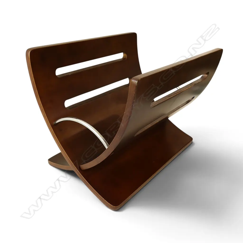 MID-CENTURY STYLE NEWSPAPER RACK, WOOD & CHROME, REPAIR TO BACK, 280 X 360 X 270MM Image 1++
