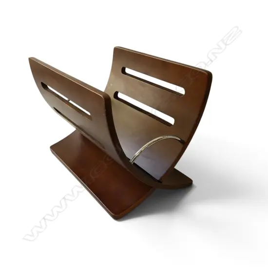 MID-CENTURY STYLE NEWSPAPER RACK, WOOD & CHROME, REPAIR TO BACK, 280 X 360 X 270MM