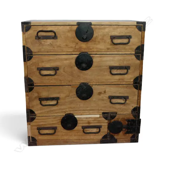 VINTAGE JAPANESE SMALL WOODEN TANSU CHEST. With key H.600mm