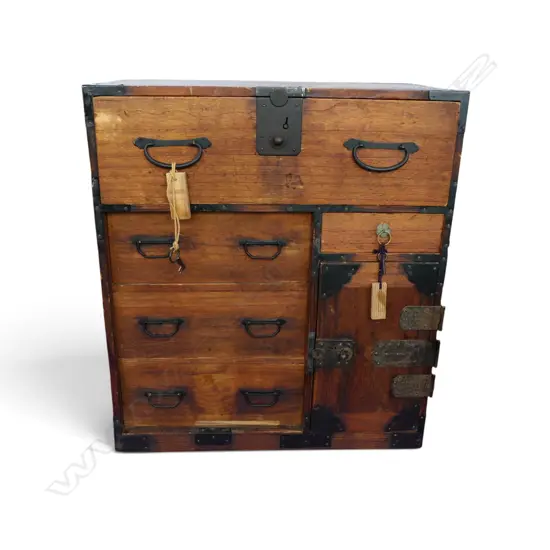 VINTAGE JAPANESE SMALL WOODEN TANSU CHEST with keys. H.580mm