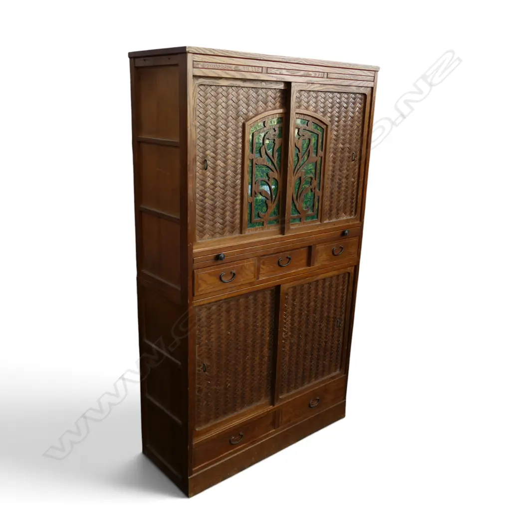 VINTAGE JAPANESE MIZUYA KITCHEN CHEST PAINTED GLASS PANELS WOVEN BAMBOO MULBERRY AND CEDAR WOODS H1500 W870 D 340 MM Image 1++