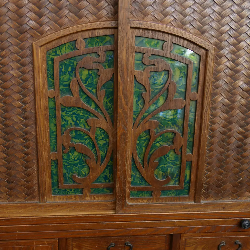 VINTAGE JAPANESE MIZUYA KITCHEN CHEST PAINTED GLASS PANELS WOVEN BAMBOO MULBERRY AND CEDAR WOODS H1500 W870 D 340 MM Image 1++