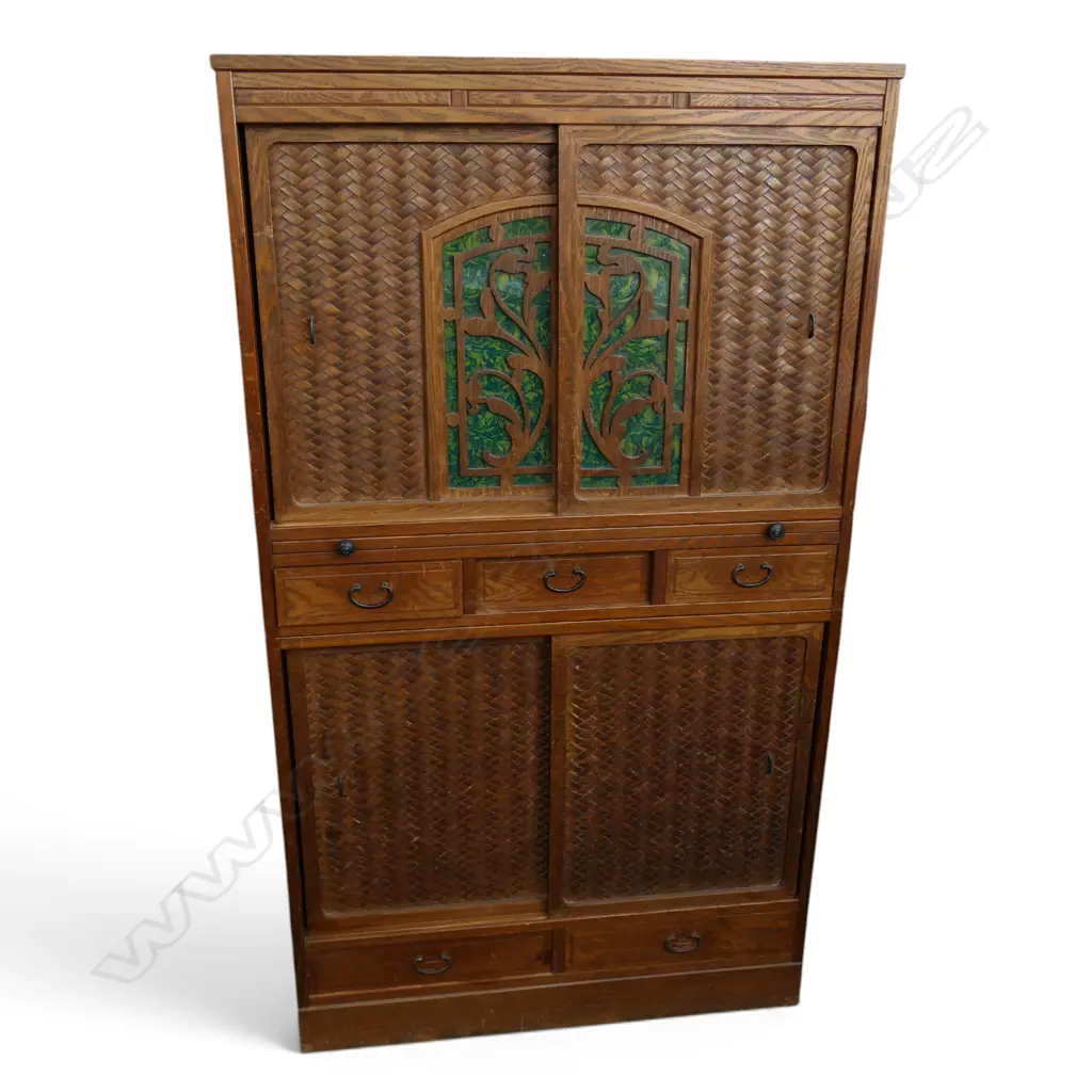 VINTAGE JAPANESE MIZUYA KITCHEN CHEST PAINTED GLASS PANELS WOVEN BAMBOO MULBERRY AND CEDAR WOODS H1500 W870 D 340 MM Image 1++