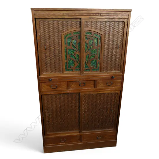 VINTAGE JAPANESE MIZUYA KITCHEN CHEST PAINTED GLASS PANELS WOVEN BAMBOO MULBERRY AND CEDAR WOODS H1500 W870 D 340 MM