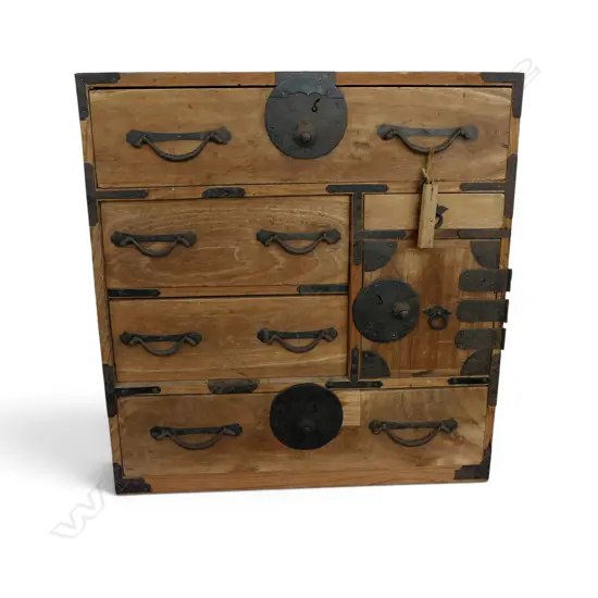 VINTAGE JAPANESE SMALL WOODEN TANSU CHEST. With key H.585mm