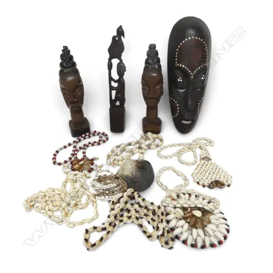 BOX OF PACIFIC ISLAND SHELL NECKLACES MASK & CARVED FIGURES H250MM