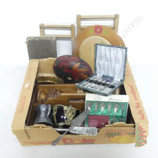 ASST. WOOD & SILVER PLATED COLLECTABLES Incl. CUTLERY TRAY etc