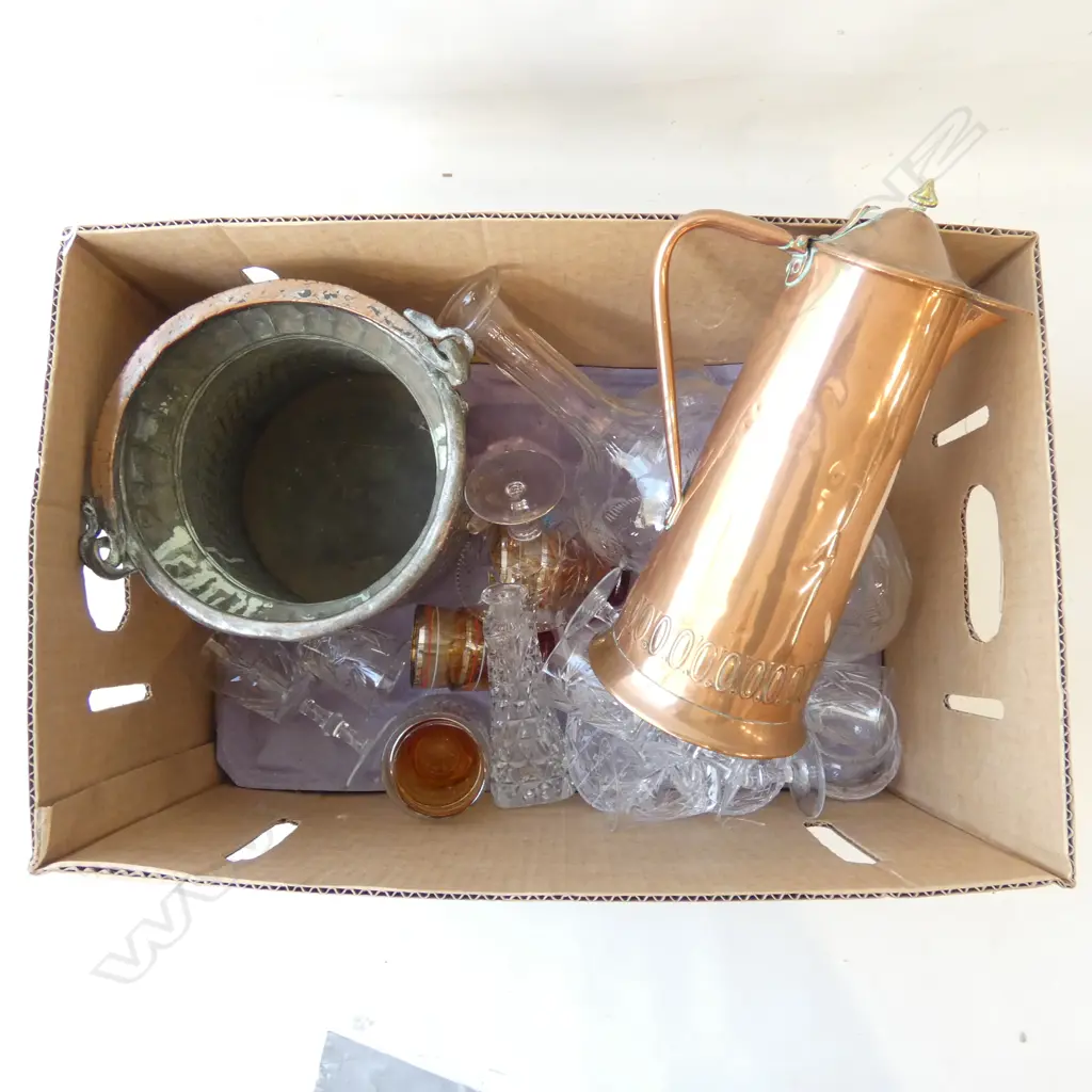 ASST. GLASSWARE, COPPER BUCKET & JUG (J.S. & S. ENGLAND H.280mm) Image 1++