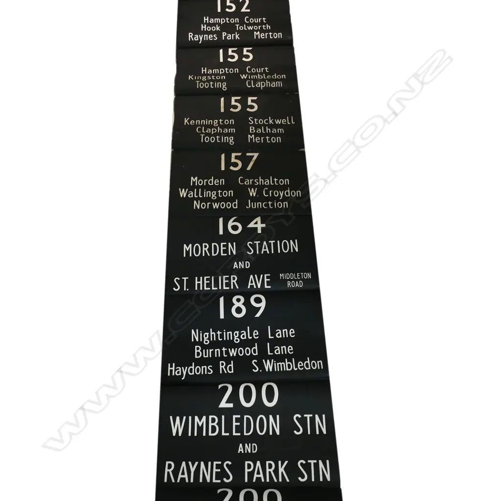An original vintage London Transport central bus replacement bus blind, a ten-metre paper roll backed onto canvas, comprising multiple joined sheets screen-printed with destination names and route numbers. Stamped AA 22 4 69. 1.09 x 10 Metres. Image 1++