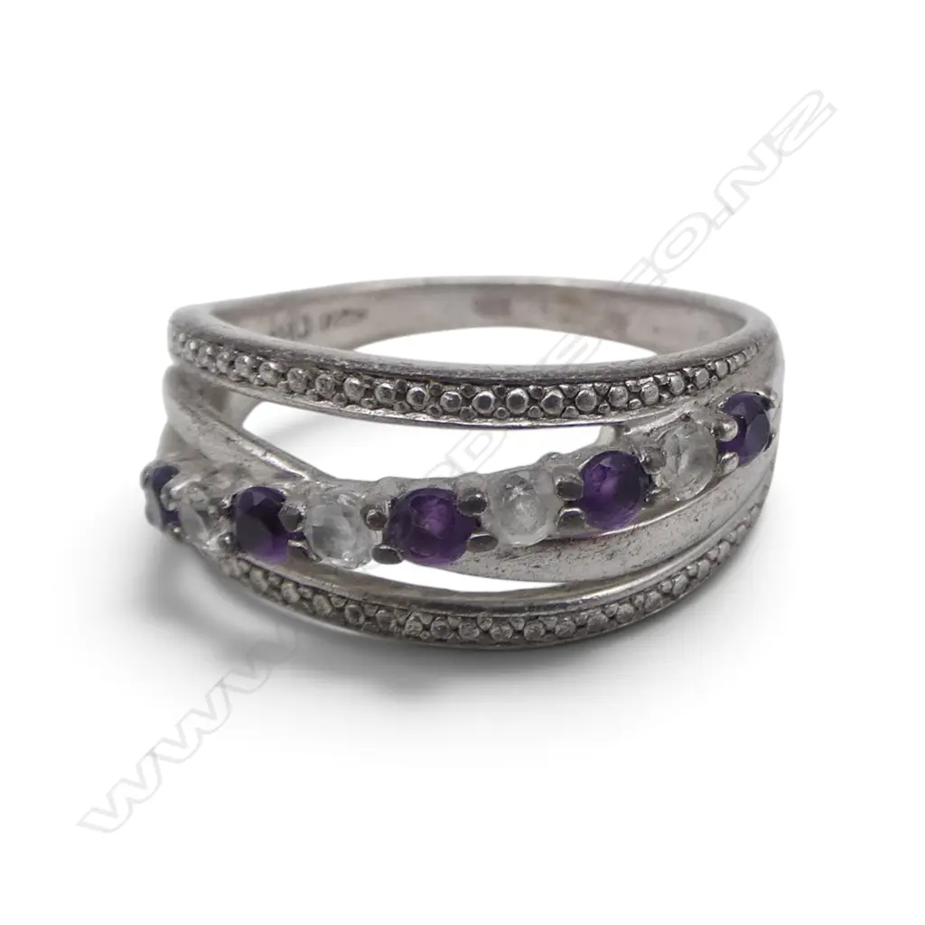 STG SILVER & PURPLE GEMSTONE RING, stamped MHJ 925 Image 1++