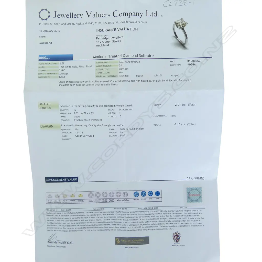 14ct W/GOLD & DIAMOND SOLITAIRE RING, 2.01ct princess cut diamond fracture filled, I I2, SIZE M, 2.56gms VALUATION Image 1++