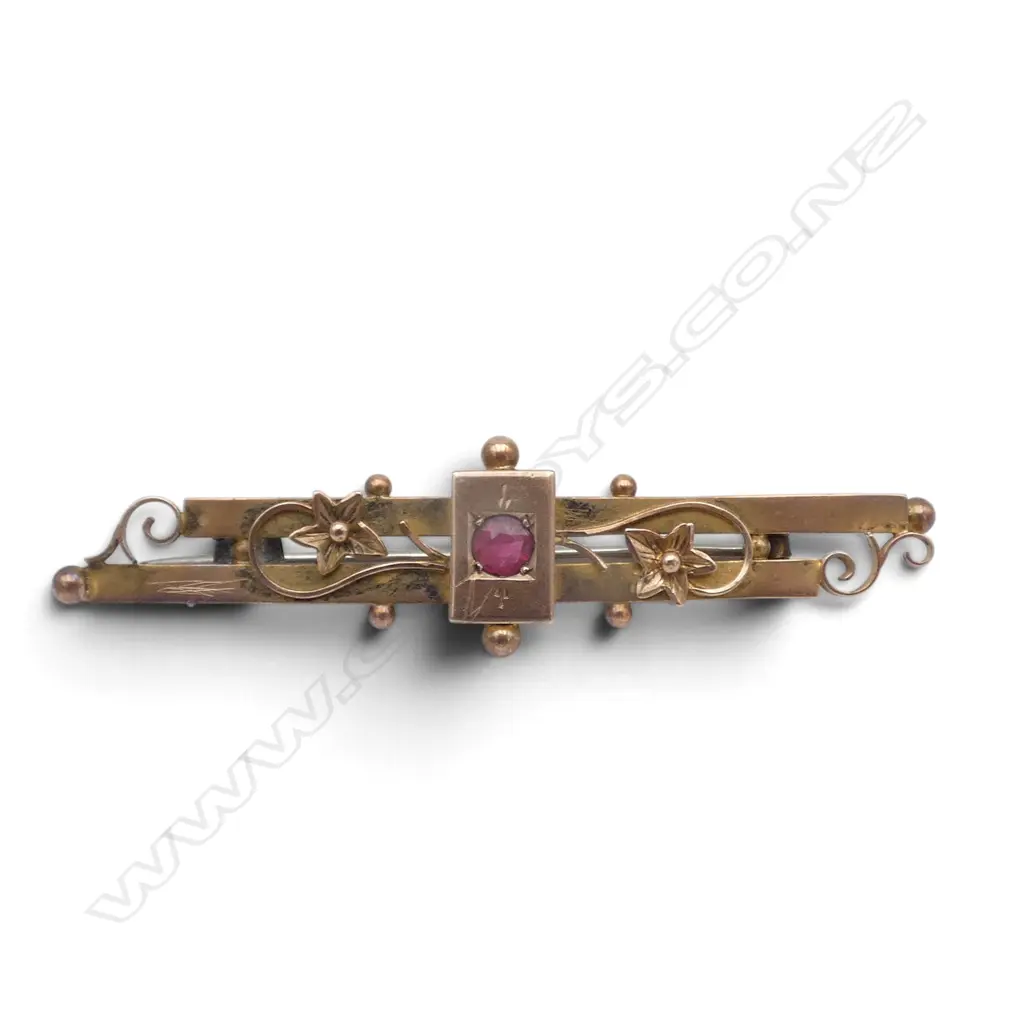 9ct ROSE GOLD DBLE BAR BROOCH w red stone Chester 1910. 3.6gms Image 1++