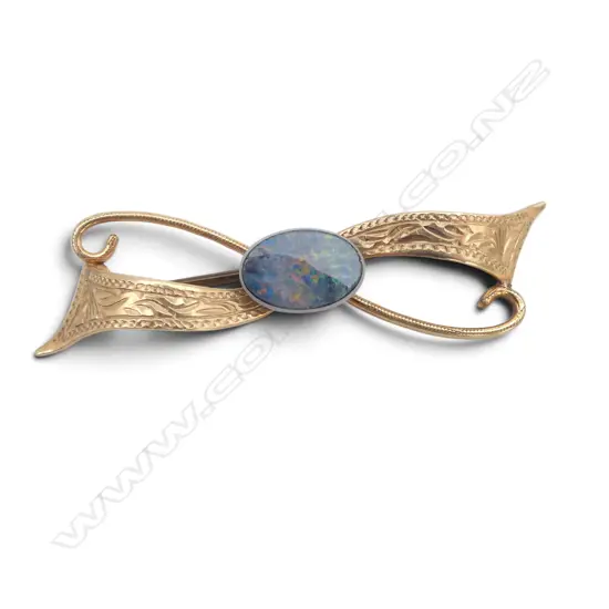 VINTAGE 9ct GOLD & OPAL DOUBLET BOW BROOCH 2.3gms