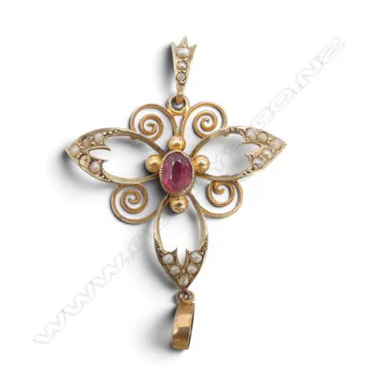 EDWARDIAN 9ct GOLD SEED PEARL & GARNET PENDANT one pearl missing 2.06gms