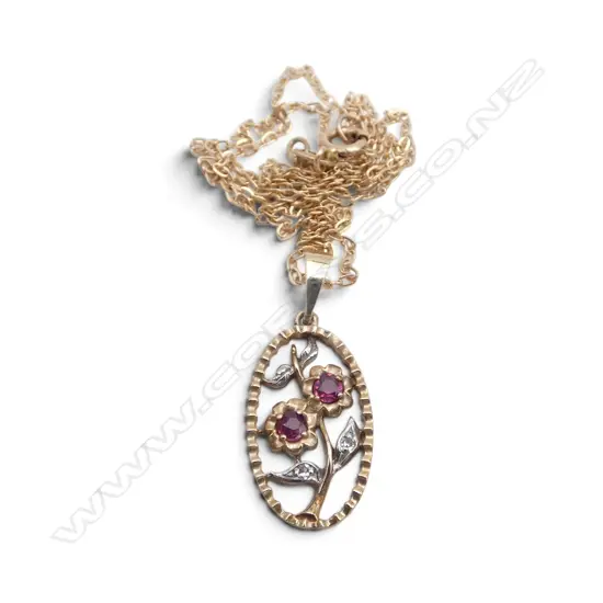 9ct GOLD, DIAMOND & RUBY FLOWER PENDANT ON 9ct CHAIN 2.47gms
