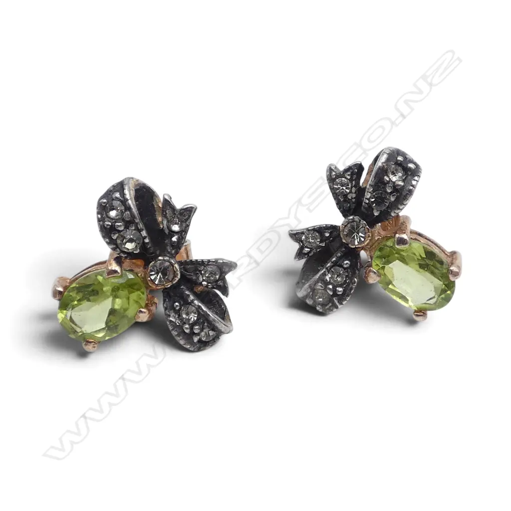 PAIR OF SILVER GILT PERIDOT? & CZ EARRINGS Image 1++