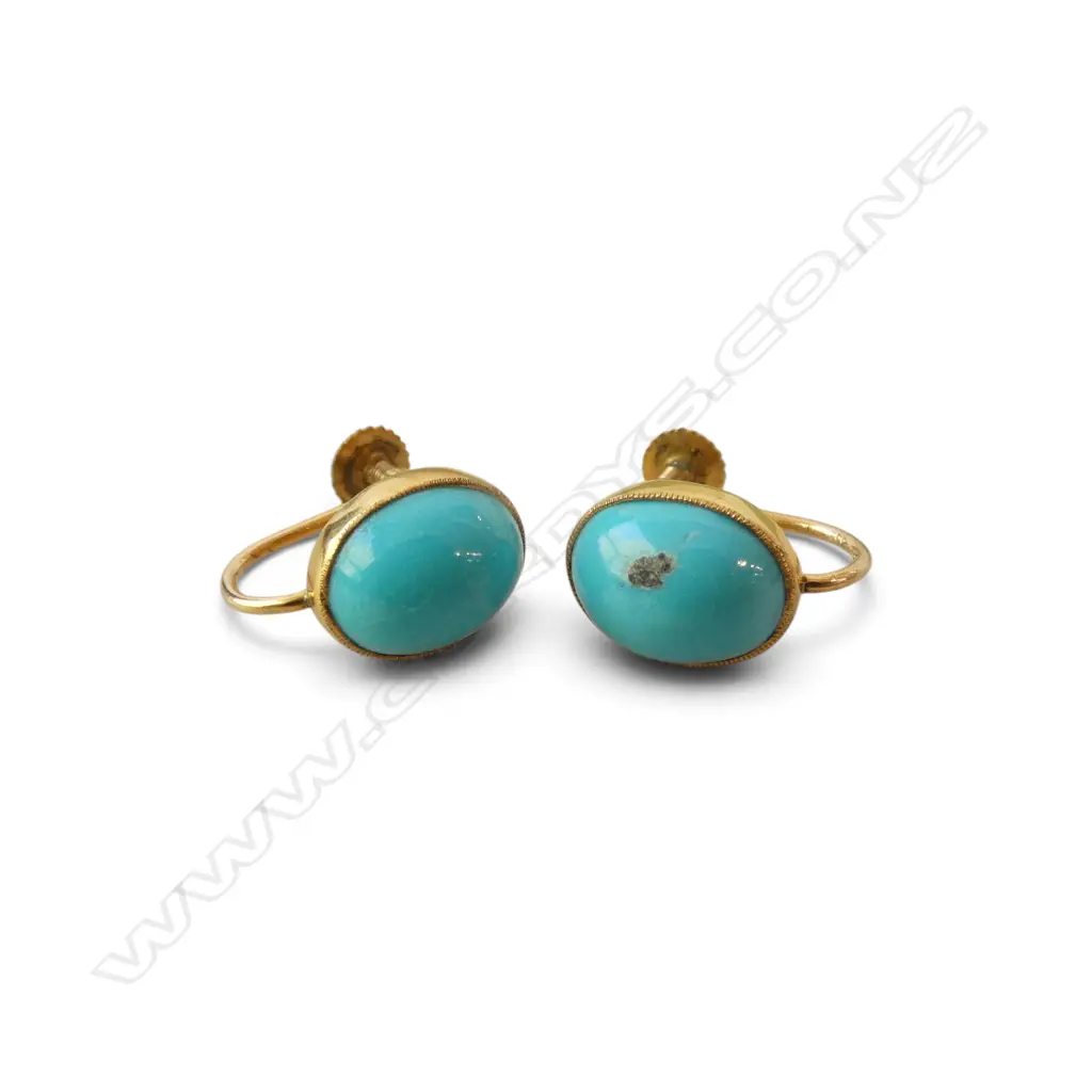 PR 9ct GOLD & TURQUOISE EARRINGS screw fittings 1 w natural blemish 2.8gms Image 1++