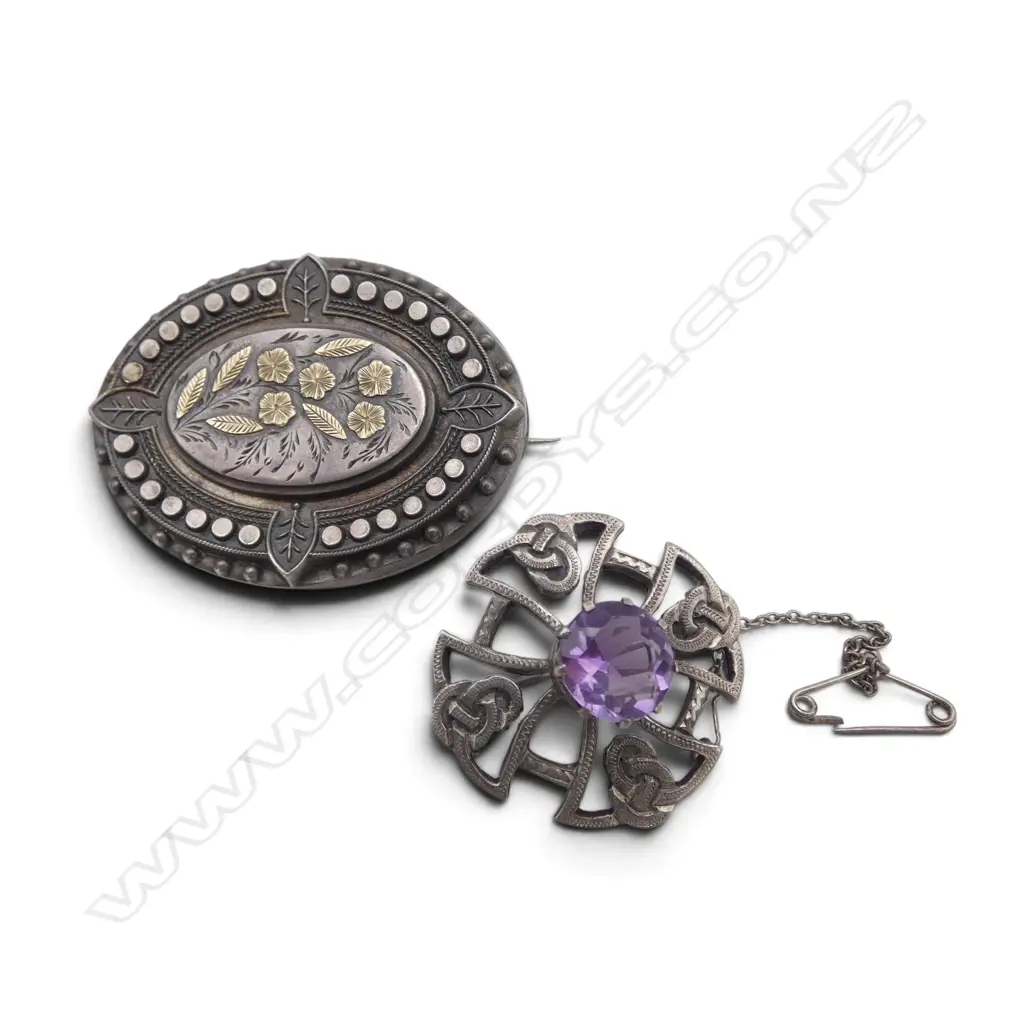 VICTORIAN SILVER MOURNING BROOCH coloured gold highlights + CELTIC SILVER BROOCH w amethyst Image 1++