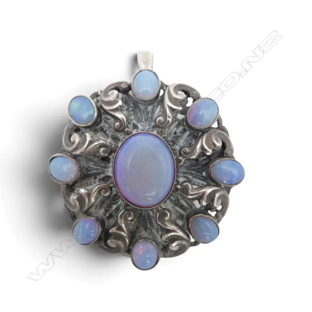 ANTIQUE STG SILVER &  FAUX OPAL (blue purple hues)  PENDANT / BROOCH. Dia.45mm Image 1++
