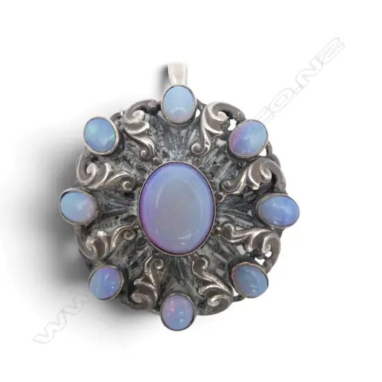 ANTIQUE STG SILVER &  FAUX OPAL (blue purple hues)  PENDANT / BROOCH. Dia.45mm