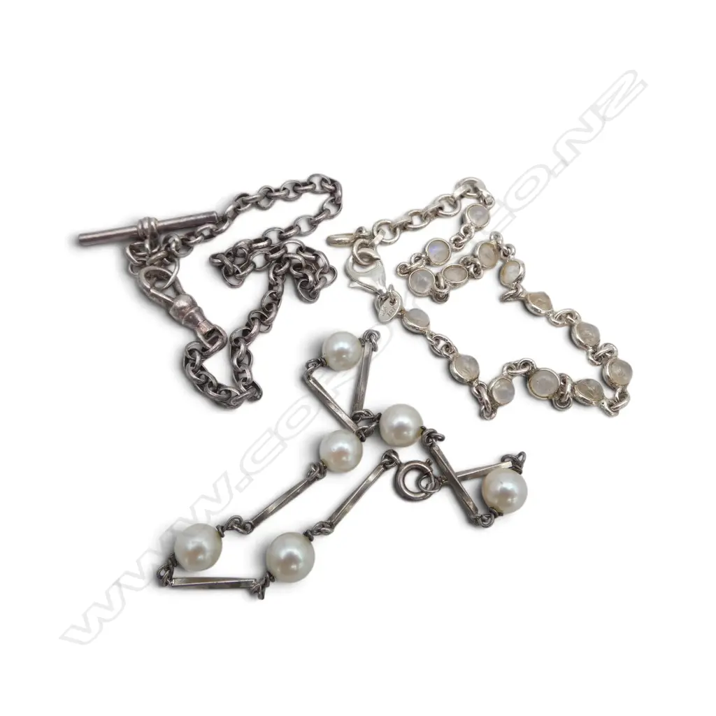 3 SILVER BRACELETS: pearl + moonstone enhanced. 14gms Image 1++