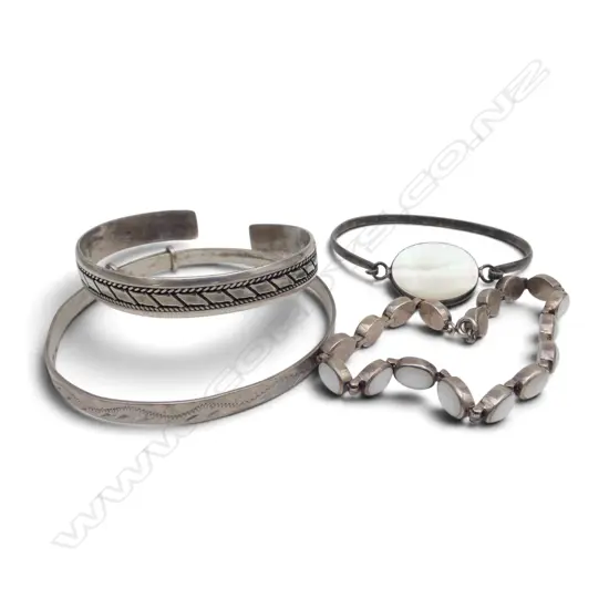 SILVER & MOONSTONE LIKE BRACELET + 3 BANGLES. 48gms