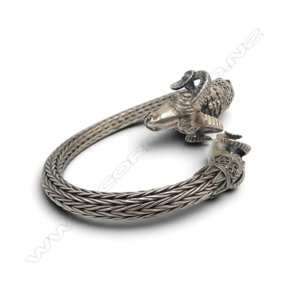 SILVER DOUBLE RAMS HEAD BRACELET, testing 98% silver, 54.7gms Image 1++