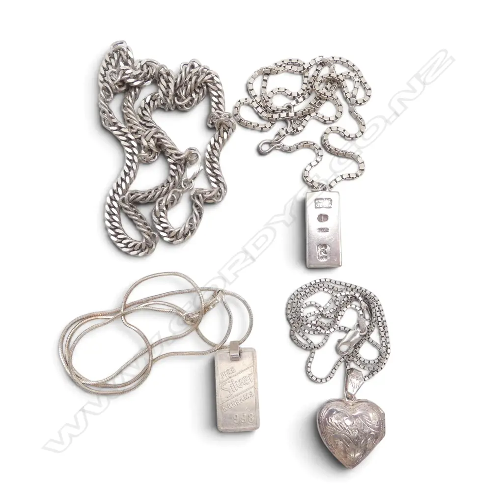 4 SILVER CHAINS: 2 with ingots + 1 w heart locket. 60gms Image 1++