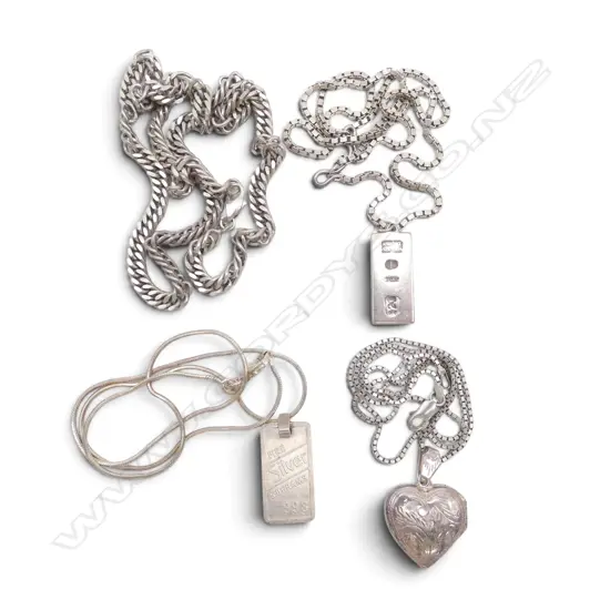 4 SILVER CHAINS: 2 with ingots + 1 w heart locket. 60gms