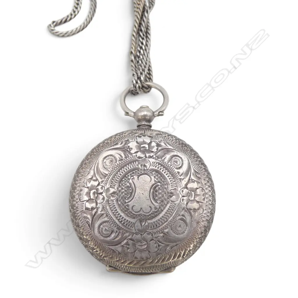 OLD SILVER MUFF CHAIN 38gms. L.2000mm with SILVER CASED open face mid size FOB WATCH key wind Image 1++