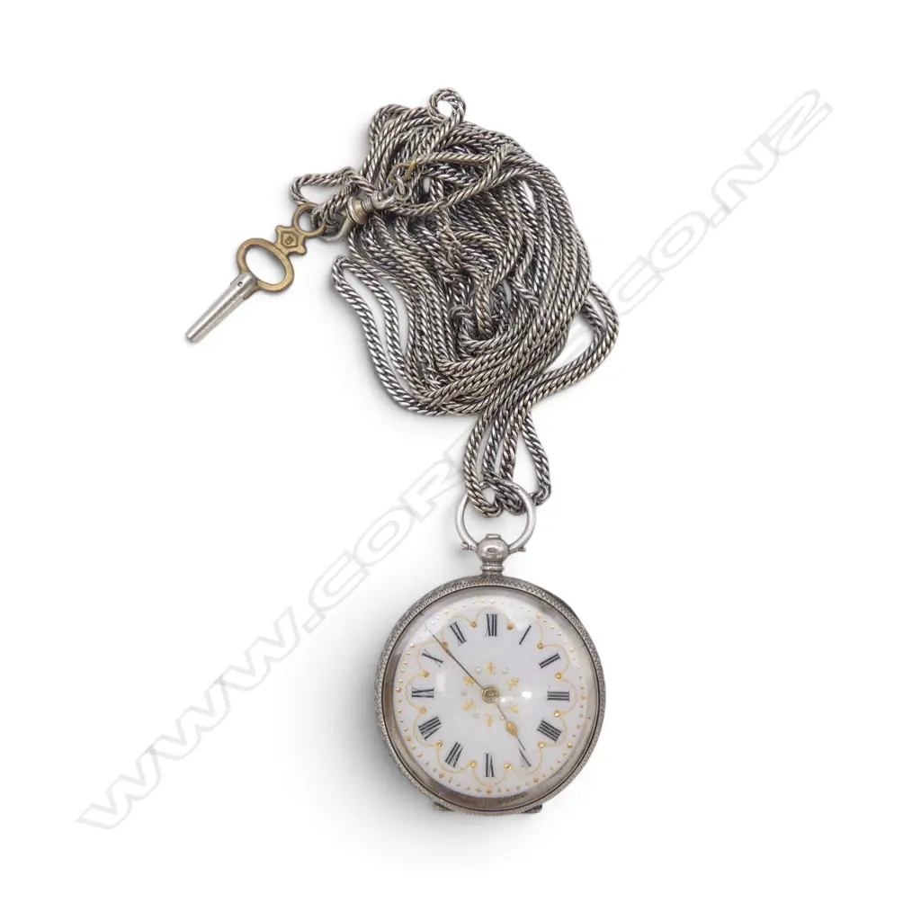 OLD SILVER MUFF CHAIN 38gms. L.2000mm with SILVER CASED open face mid size FOB WATCH key wind Image 1++